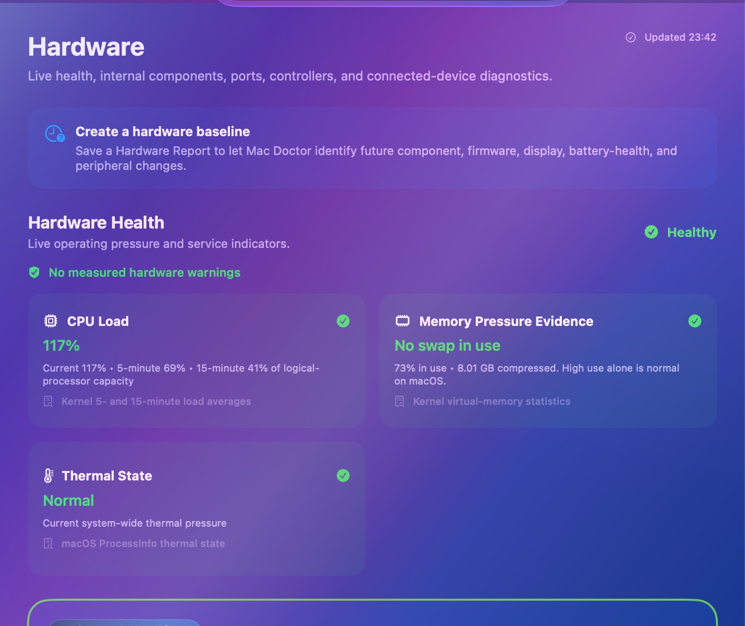 Mac Doctor Pro Hardware detail showing healthy processor, memory pressure, and thermal evidence