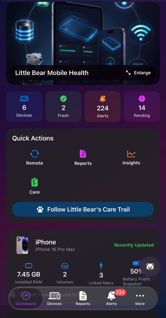 Mac Doctor Mobile dashboard showing devices, alerts, quick actions, and an iPhone health summary