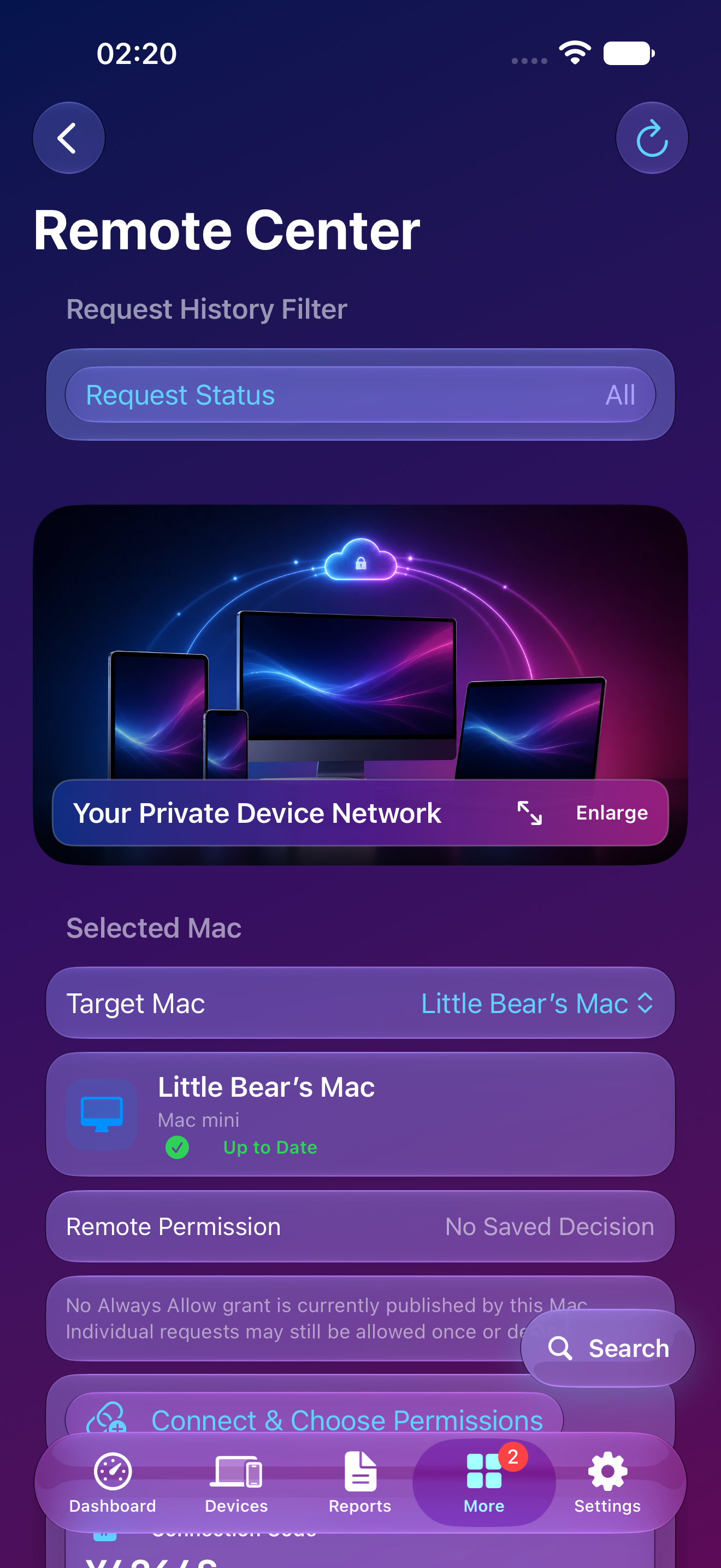 Mac Doctor Mobile Remote Center showing request filters, a selected Mac, freshness, and the saved permission decision