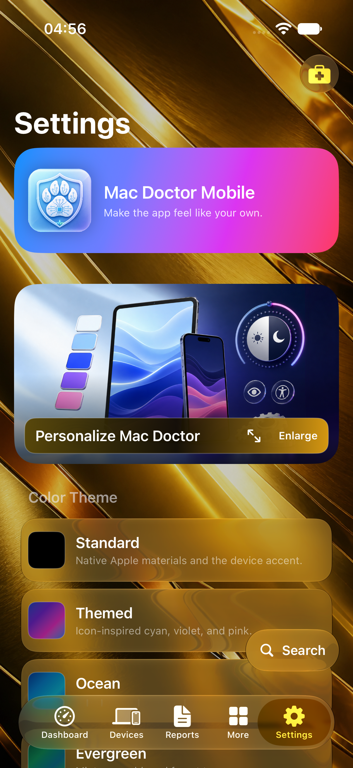 Mac Doctor Mobile Settings in Golden Dark with a detailed antique metallic background