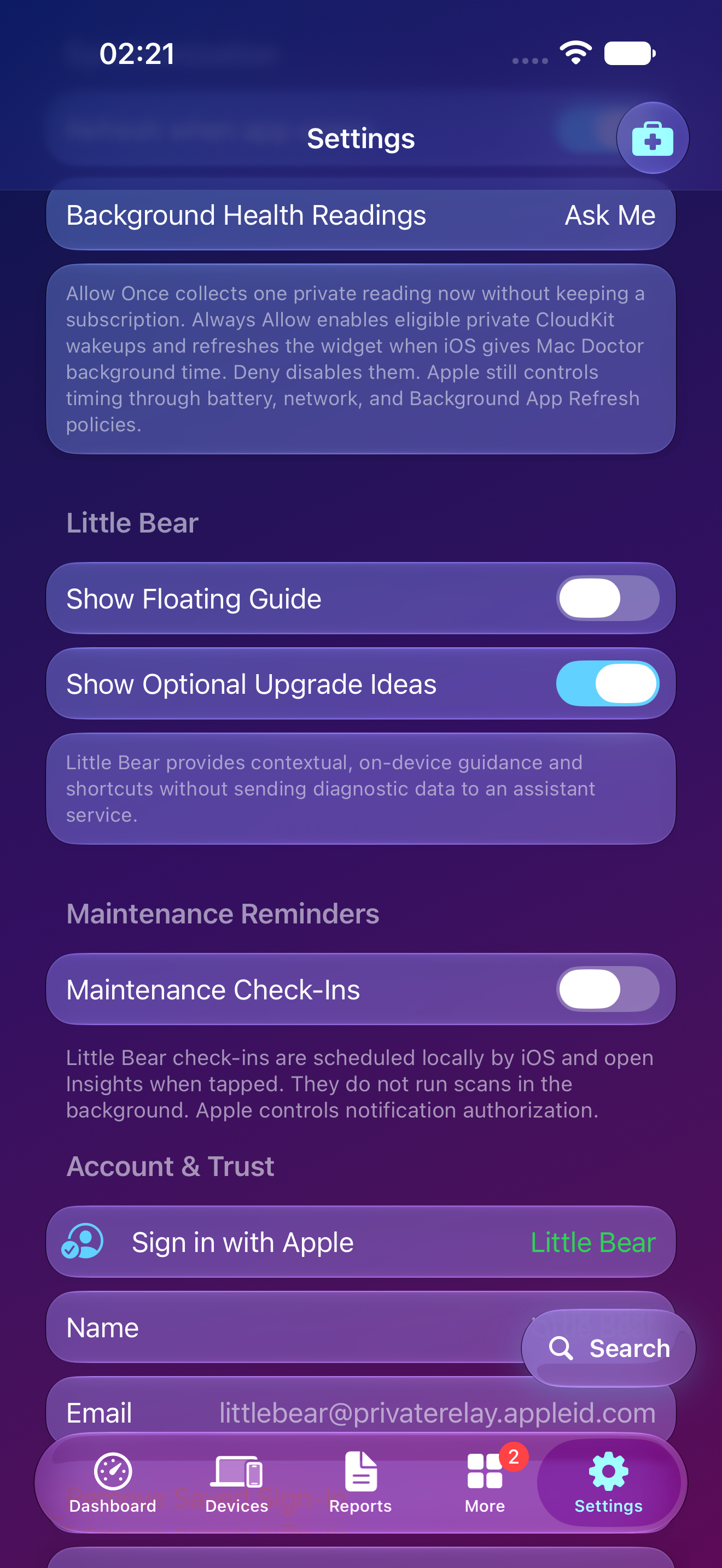 Mac Doctor Mobile Settings showing individually defined theme-aware controls, configurable Quick Actions, and persistent themed navigation