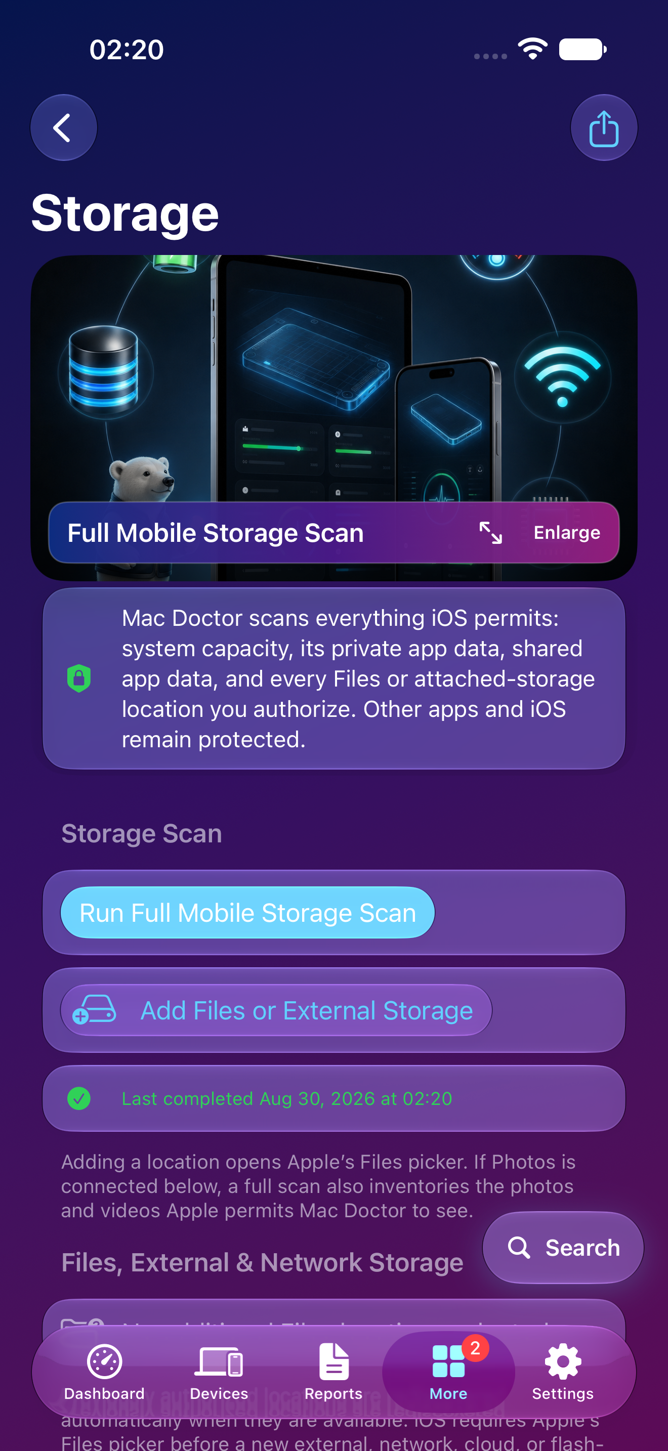 Mac Doctor Mobile Storage showing maximum capacity, occupied space, available space, and privacy-safe Photos inventory