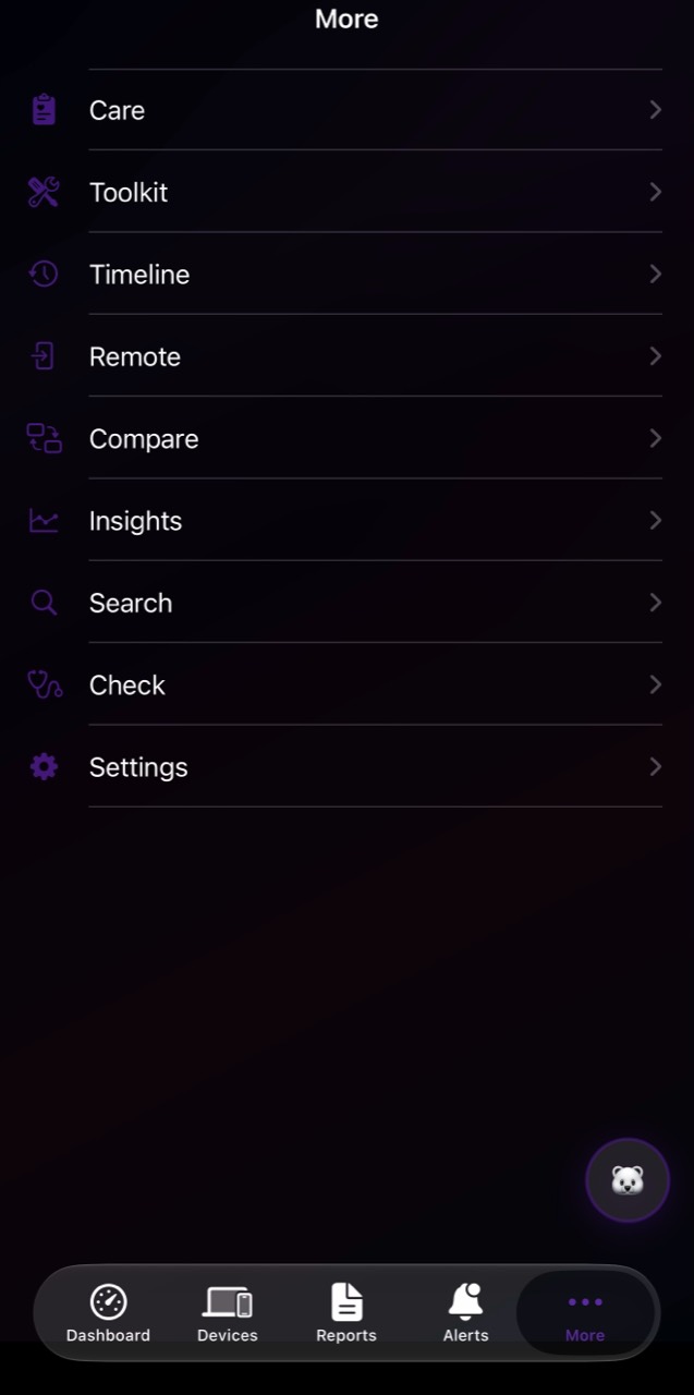 Mac Doctor Mobile menu with care, toolkit, timeline, remote, compare, insights, search, check, and settings